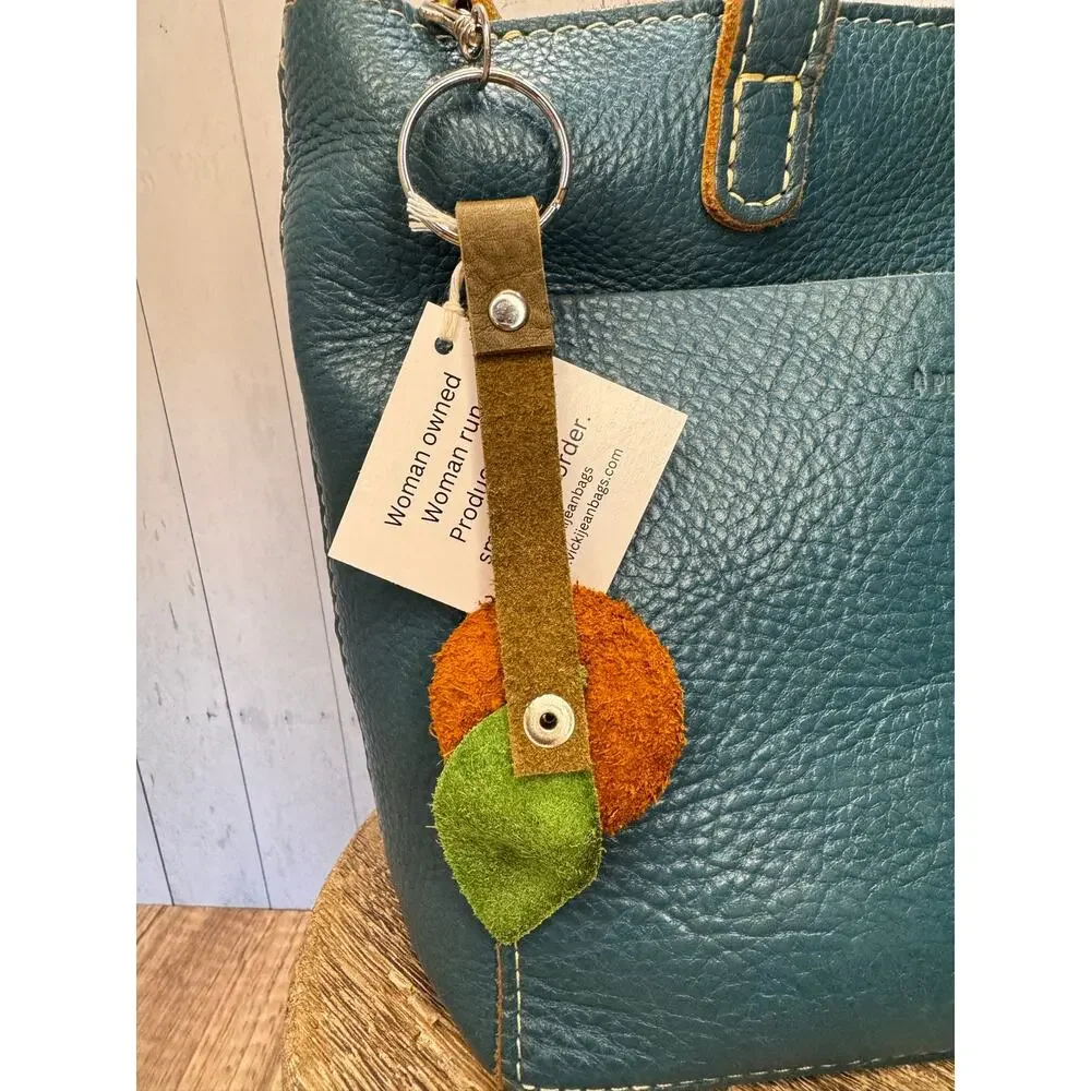 Genuine Leather Round Flower Purse Charm Tan Gold Blue Boho Bag Charm